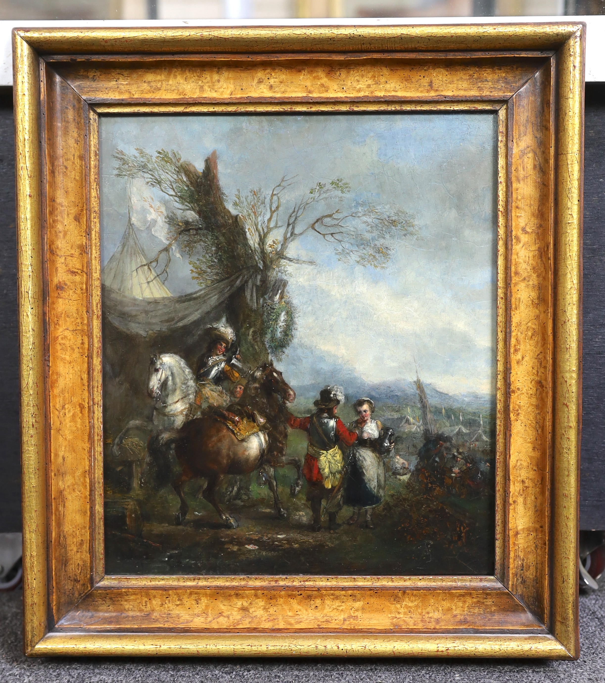 Manner of Philip Wouwerman (Haarlem, 1619-1668), oil on wooden panel, A military encampment with soldiers buying beer from a maid. 30 x 25.5cm. Condition - good